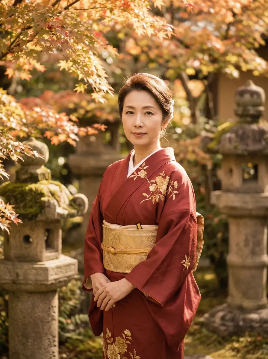 一位身穿暗红色和服的优雅 劲爆体育网址 在日式庭院中